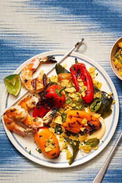 grilled shrimp with charred peppers with queso blanco