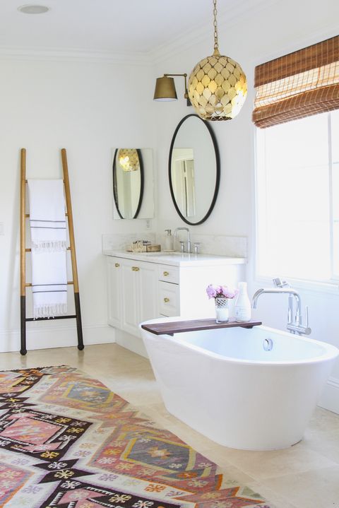 modern bathroom with ladder towel rack