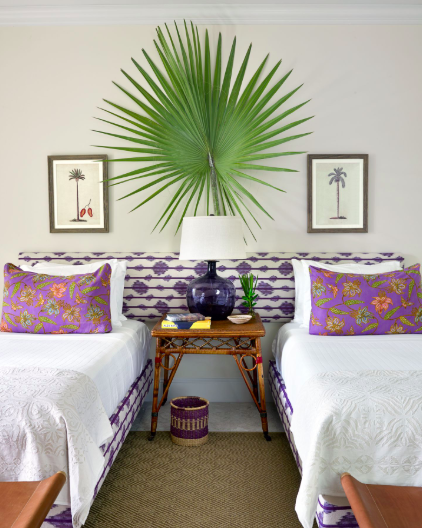 Bedroom, Furniture, Room, Green, Bed, Interior design, Bed sheet, Purple, Wall, Property, 