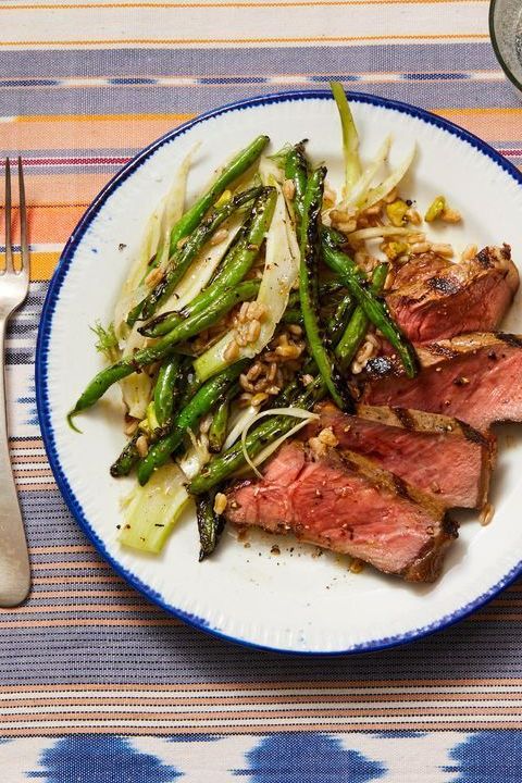 steak with grilled green beans, fennel  farro recipe